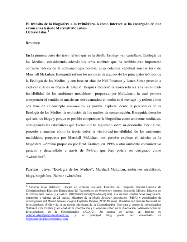 Doc El Transito De La Blogosfera A La Twittosfera O Como Internet Se Ha Encargado De Dar Razon A Las Tesis De Marshall Mcluhan Cumbre Iberoamericana De Comunicacion Politica 10 Jose Doc El Transito De La Blogosfera A La Twittosfera O Como Internet Se Ha Encargado De Dar Razon A Las Tesis De Marshall Mcluhan Cumbre Iberoamericana De Comunicacion Politica 10 Jose