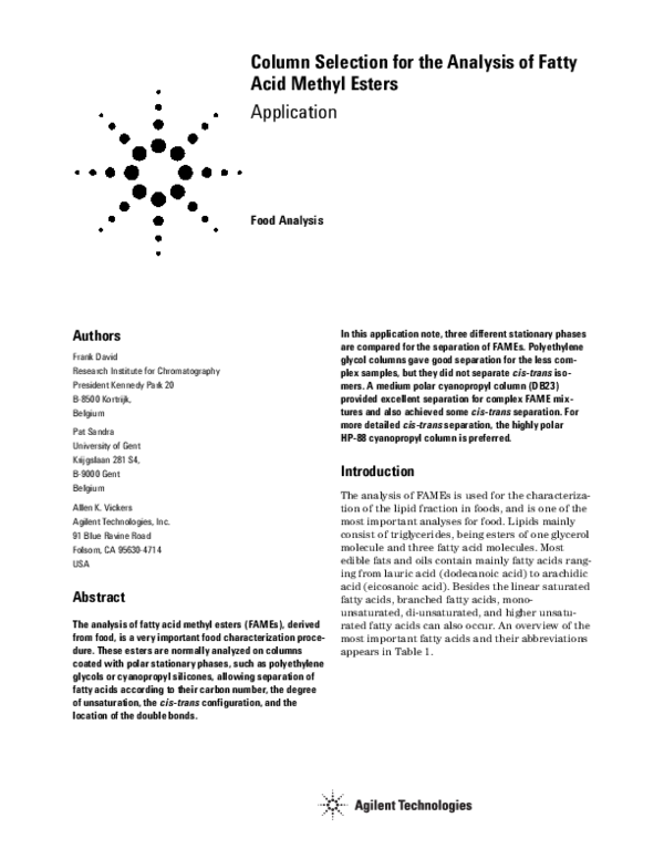 (PDF) Column Selection for the Analysis of Fatty Acid Methyl Esters