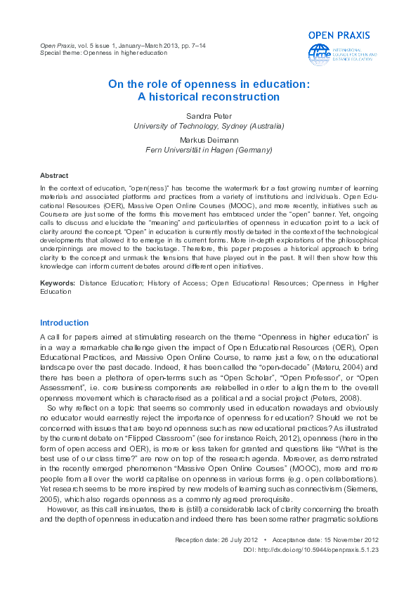On the role of openness in education: A historical reconstruction