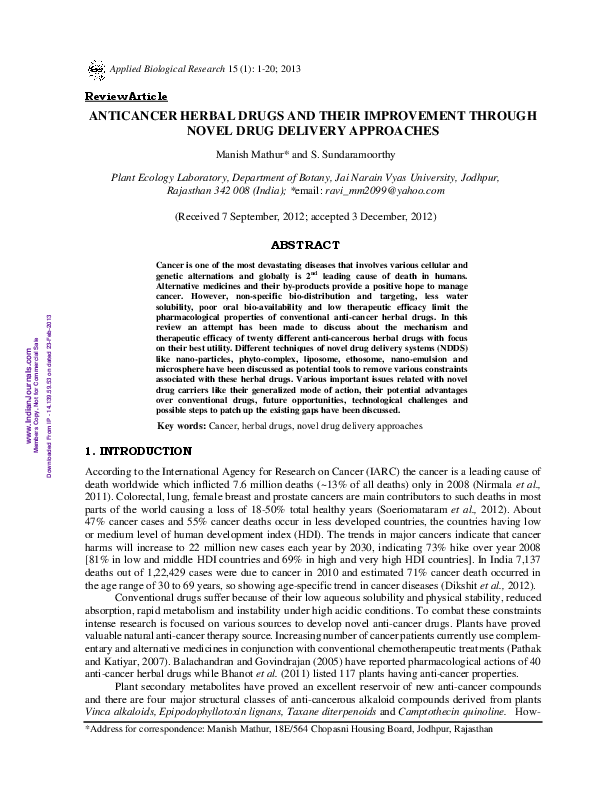 (PDF) ANTICANCER HERBAL DRUGS AND THEIR IMPROVEMENT THROUGH NOVEL DRUG ...