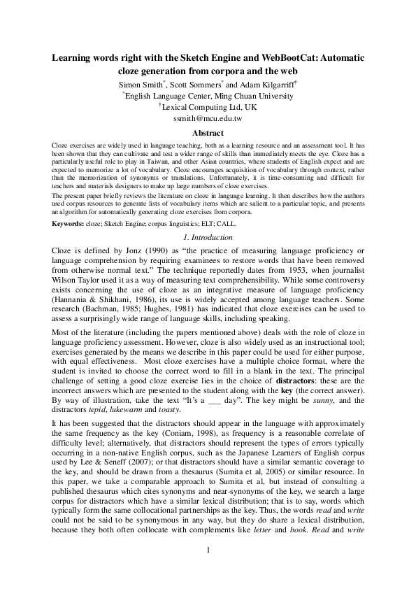 Pdf Learning Words Right With The Sketch Engine And