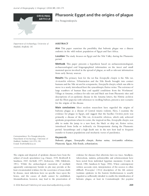 Panagiotakopulu, E.  (2004) Pharaonic Egypt and the Origins of Plague. Journal  of Biogeography, 31, 269-275.