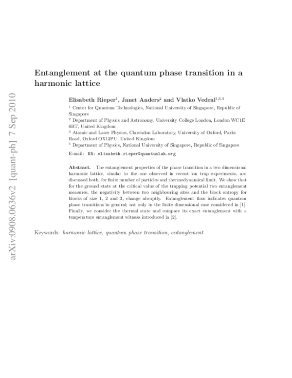 (PDF) Entanglement at the quantum phase transition in a harmonic lattice
