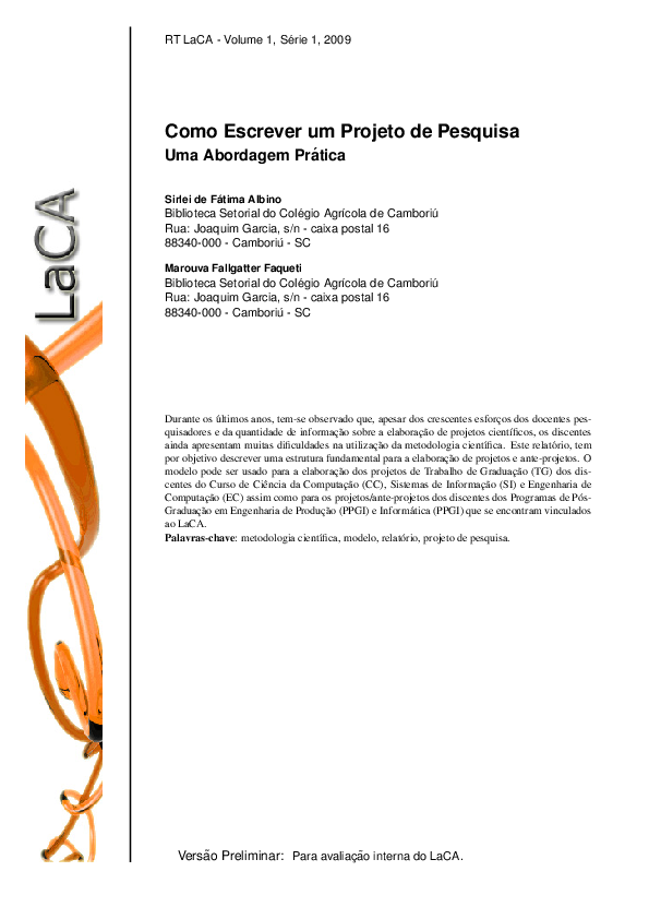 (PDF) Como Escrever um Projeto de Pesquisa s/n -caixa postal 16 88340 ...