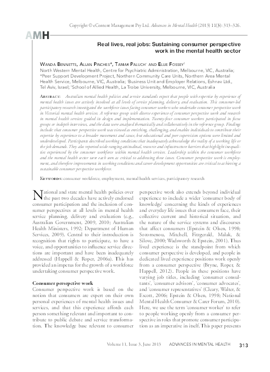 (PDF) Real Lives: Sustaining Consumer Perspective Work in Mental Health ...