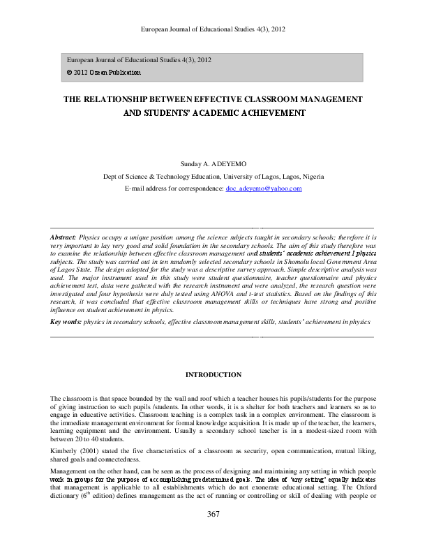 (PDF) THE RELATIONSHIP BETWEEN EFFECTIVE CLASSROOM MANAGEMENT AND