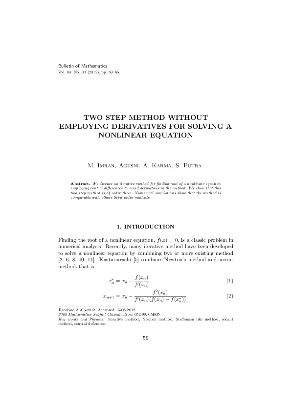 (PDF) Two Step Method without Employing Derivatives For Solving a ...