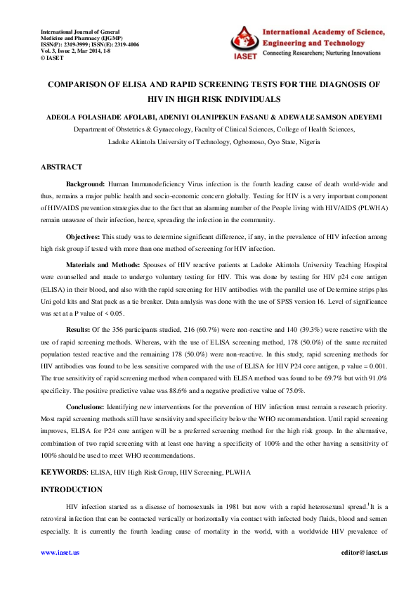 (PDF) COMPARISON OF ELISA AND RAPID SCREENING TESTS FOR THE DIAGNOSIS