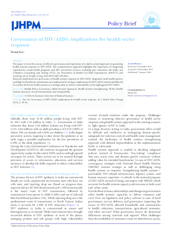 (PDF) Governance of HIV/AIDS: Implications for Health Sector Response