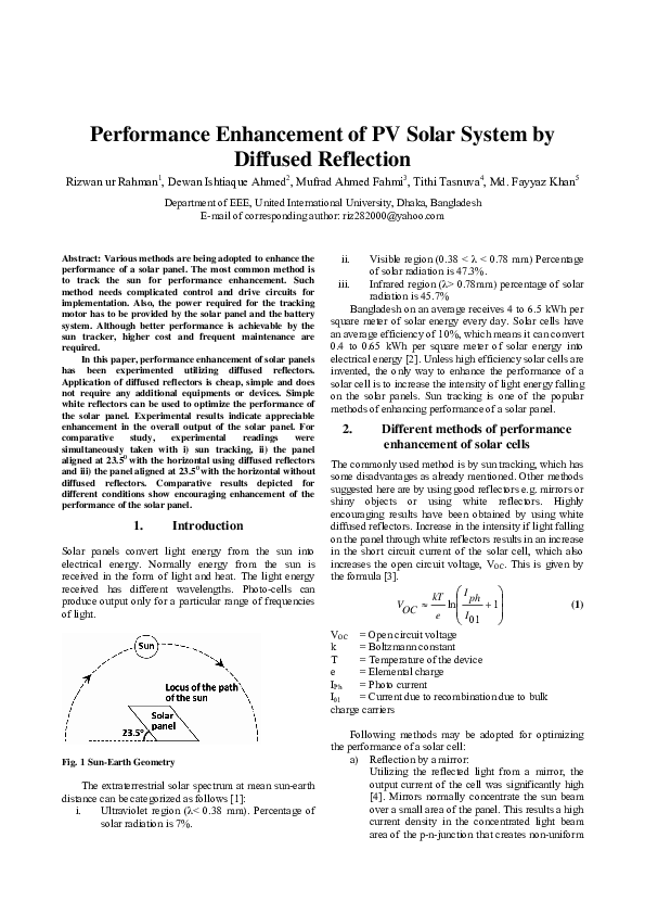 (PDF) Performance Enhancement of PV Solar System by Diffused Reflection