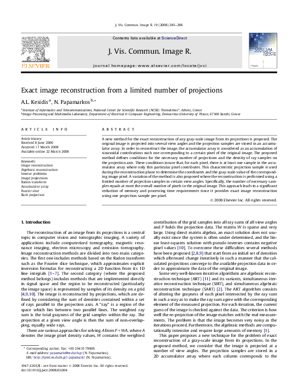 (PDF) Exact Image Reconstruction From A Limited Number Of Projections