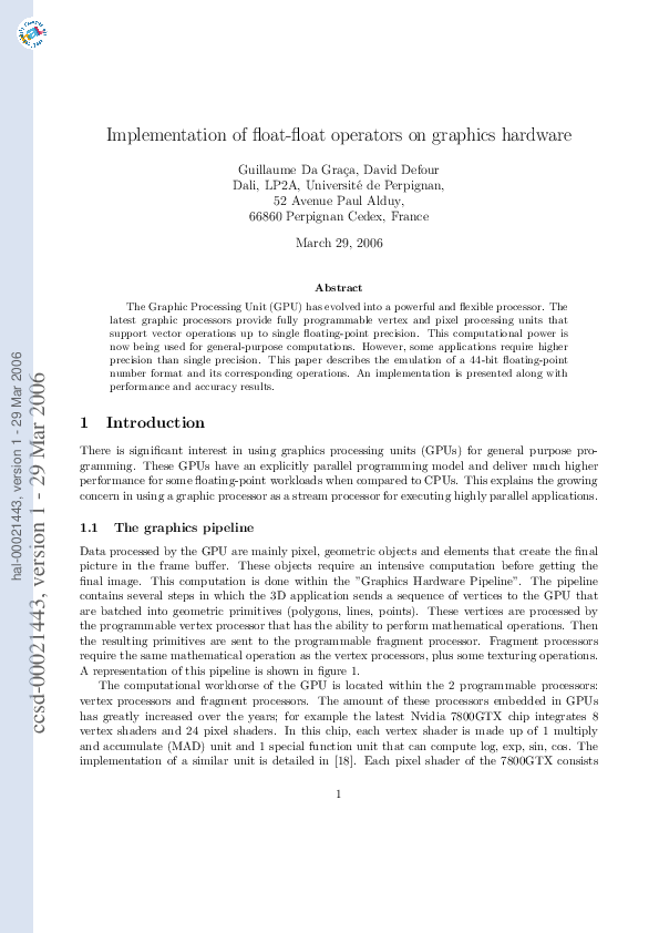 (PDF) Implementation of float-float operators on graphics hardware