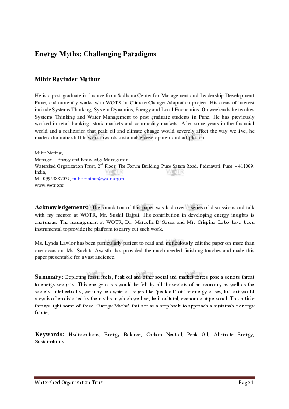 Energy Myths: Challenging Paradigms 