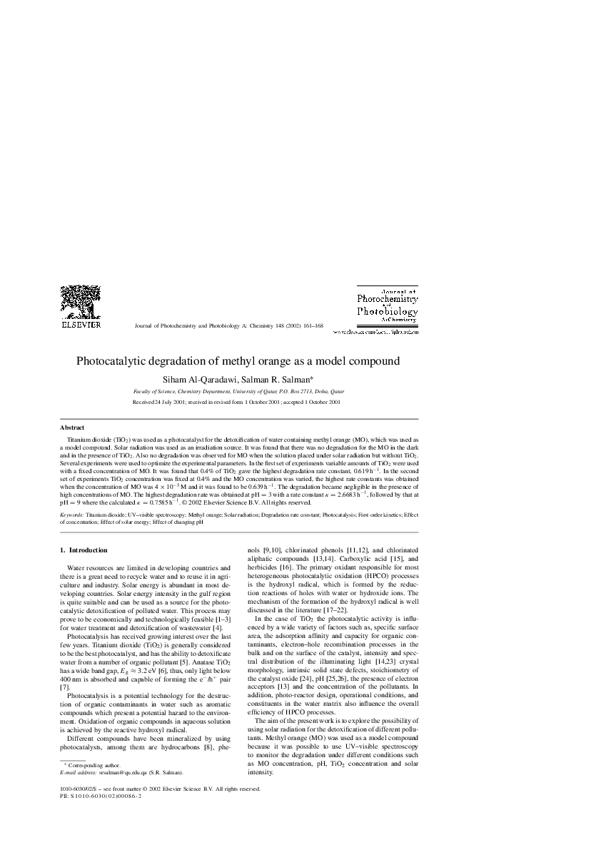 (PDF) Photocatalytic degradation of methyl orange as a model compound