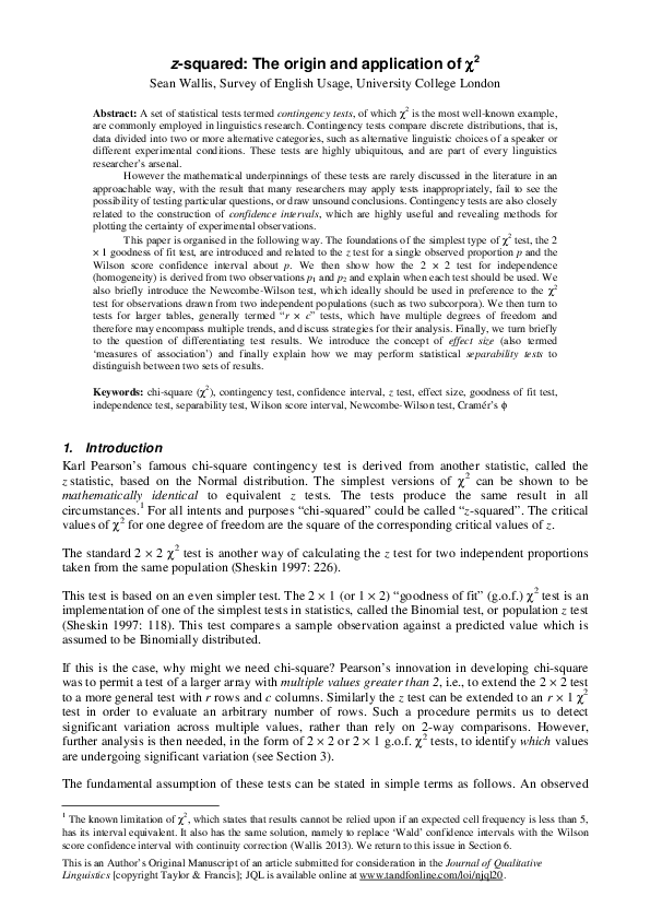 (PDF) zsquared the origin and application of chisquare Sean Wallis