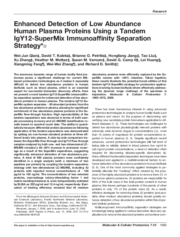 (PDF) Enhanced Detection of Low Abundance Human Plasma Proteins Using a ...