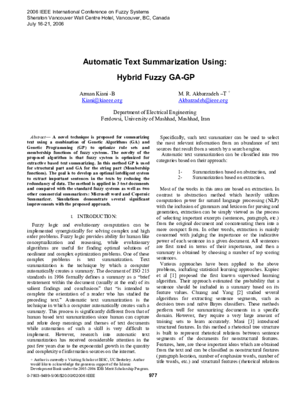 (PDF) Automatic Text Summarization Using Hybrid Fuzzy GA-GP