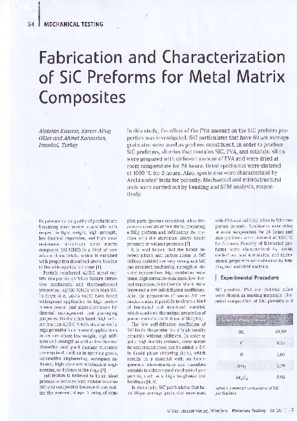 (PDF) Fabrication and characterization of SiC preforms for metal matrix ...