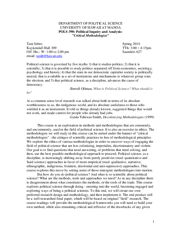 (DOC) POLS 390 Political Inquiry and Analysis (Critical Methodologies)