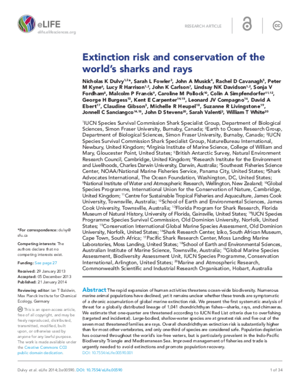 (PDF) Extinction risk and conservation of the world's sharks and rays