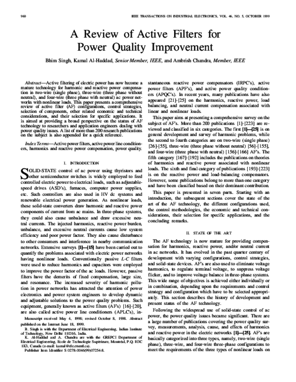 (PDF) A Review of Active Filters for Power Quality Improvement
