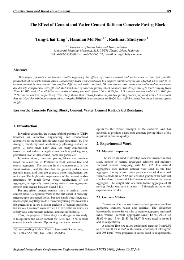 (PDF) The Effect of Cement and Water Cement Ratio on Concrete Paving Block TungChai Ling