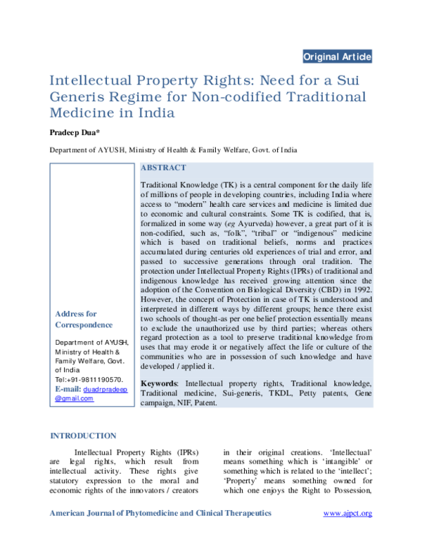 (PDF) Intellectual Property Rights: Need for a Sui Generis Regime for ...
