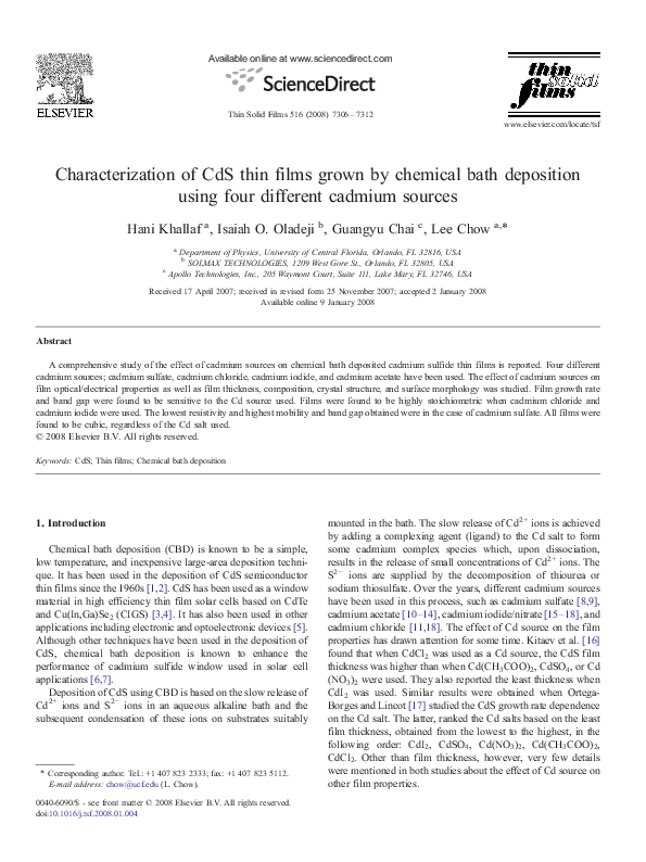 (PDF) Characterization of CdS thin films grown by chemical bath ...
