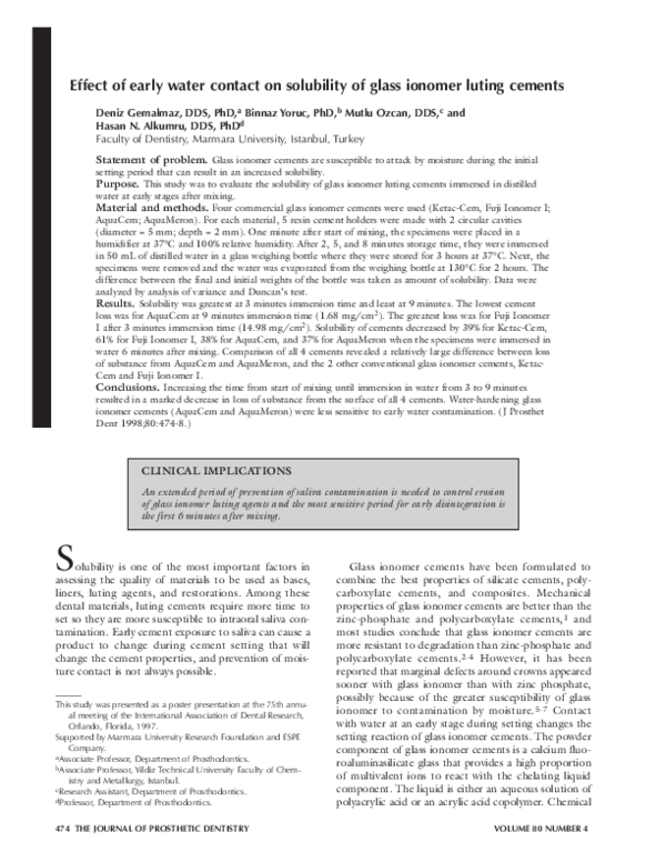 (PDF) Effect of early water contact on solubility of glass ionomer