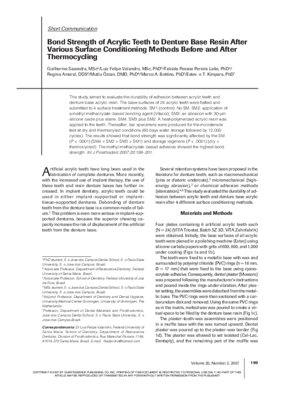 (PDF) Bond strength of acrylic teeth to denture base resin after