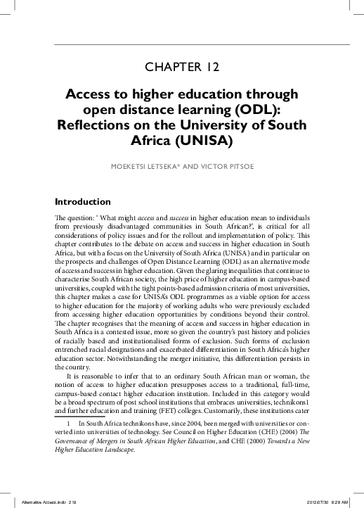 (PDF) Access to Higher Education Through Open Distance Learning (ODL) Moeketsi Letseka