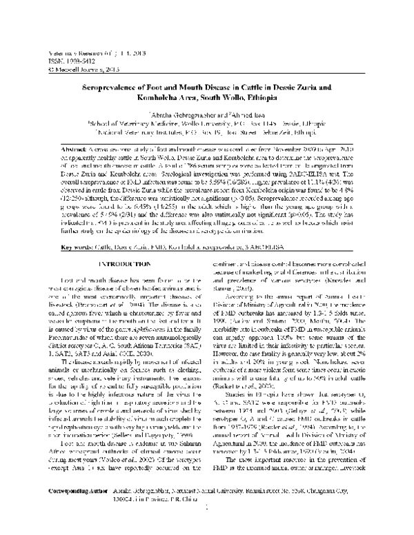 (PDF) Sero prevalence of Foot and Mouth Disease in Cattle in Dessie ...