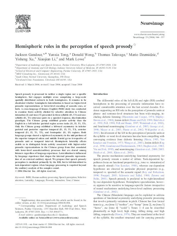 (PDF) Hemispheric roles in the perception of speech prosody