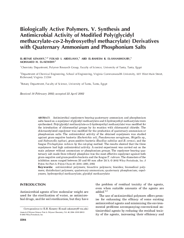 (PDF) Biologically active polymers. V. Synthesis and antimicrobial