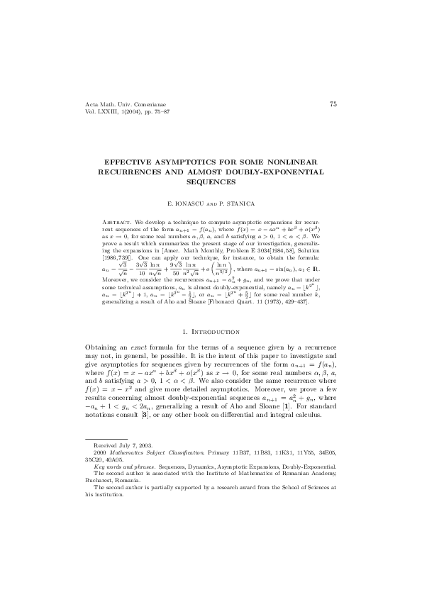 (PDF) EFFECTIVE ASYMPTOTICS FOR SOME NONLINEAR RECURRENCES AND ALMOST ...
