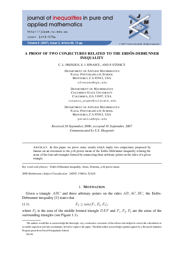 (PDF) A PROOF OF TWO CONJECTURES RELATED TO THE ERDÖS-DEBRUNNER INEQUALITY