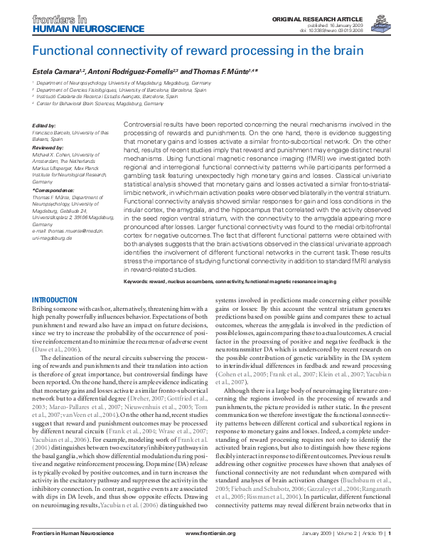 (PDF) Functional connectivity of reward processing in the brain