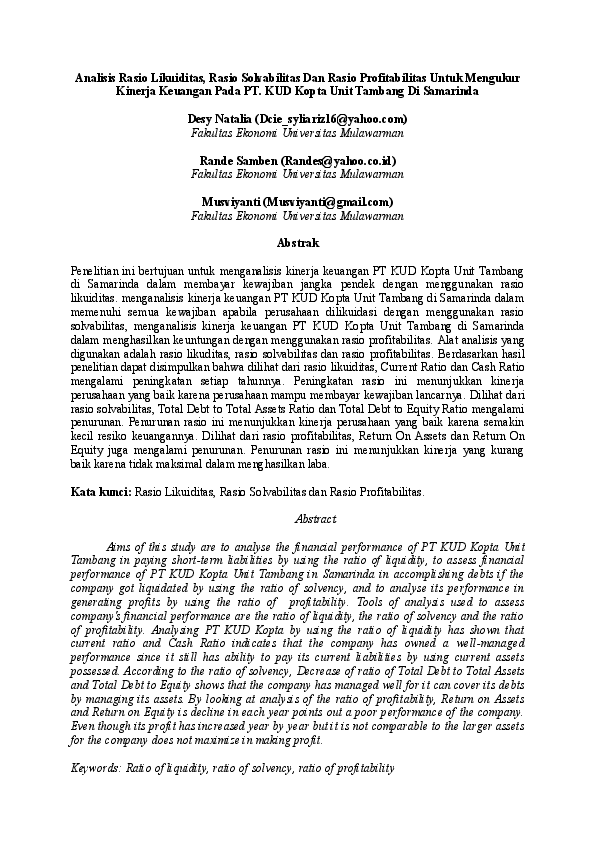 Pdf Analisis Rasio Likuiditas Rasio Solvabilitas Dan Rasio Profitabilitas Untuk Mengukur Sankristi Cahaya Academia Edu