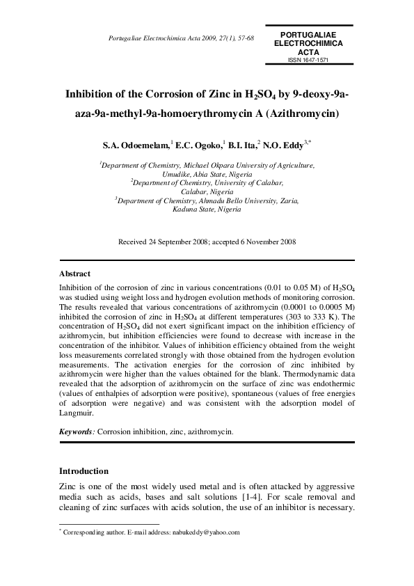 (PDF) Inhibition of the Corrosion of Zinc in H2SO4 by 9-deoxy-9a-aza-9a ...