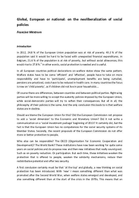 Global, European and national: on the neoliberalisation of social policies