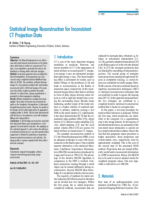 (PDF) Statistical Image Reconstruction fo rI nconsistent CT Projection Data