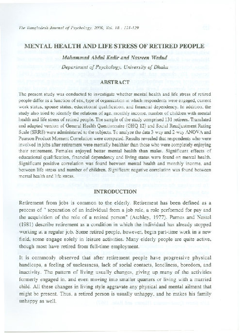 (PDF) Mental Health and Life Stress of Retired People