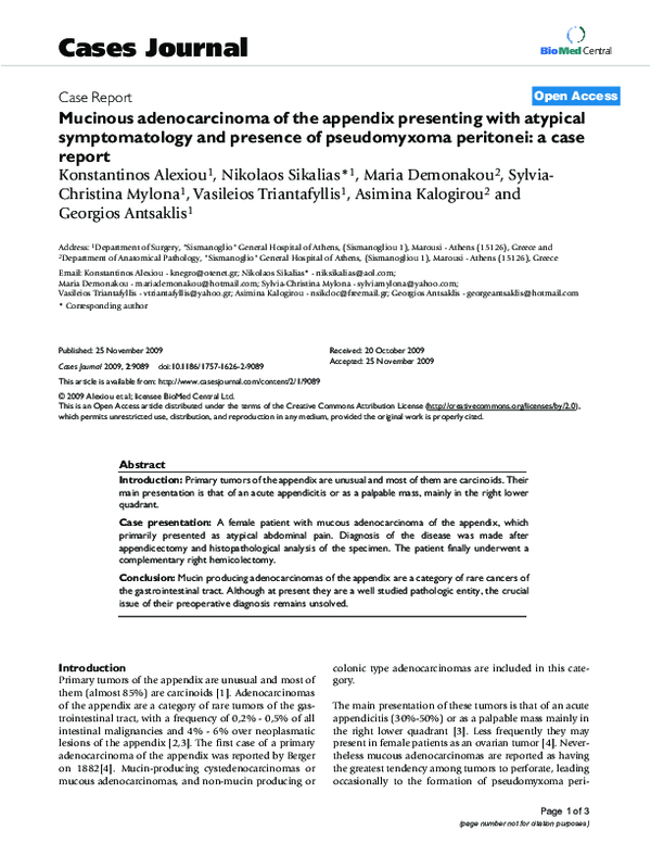 (PDF) Mucinous adenocarcinoma of the appendix presenting with atypical ...