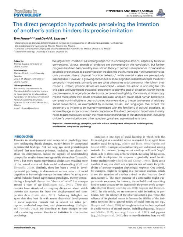 (PDF) The direct perception hypothesis: Perceiving the intention of ...