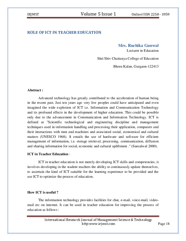 Pdf Role Of Ict In Teacher Education