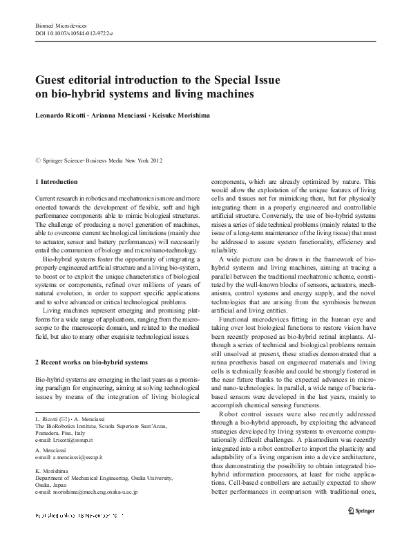 (PDF) Guest editorial introduction to the Special Issue on bio-hybrid ...