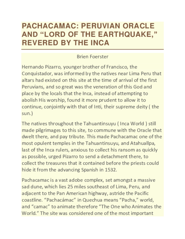 (DOC) PACHACAMAC: PERUVIAN ORACLE AND “LORD OF THE EARTHQUAKE,” REVERED ...