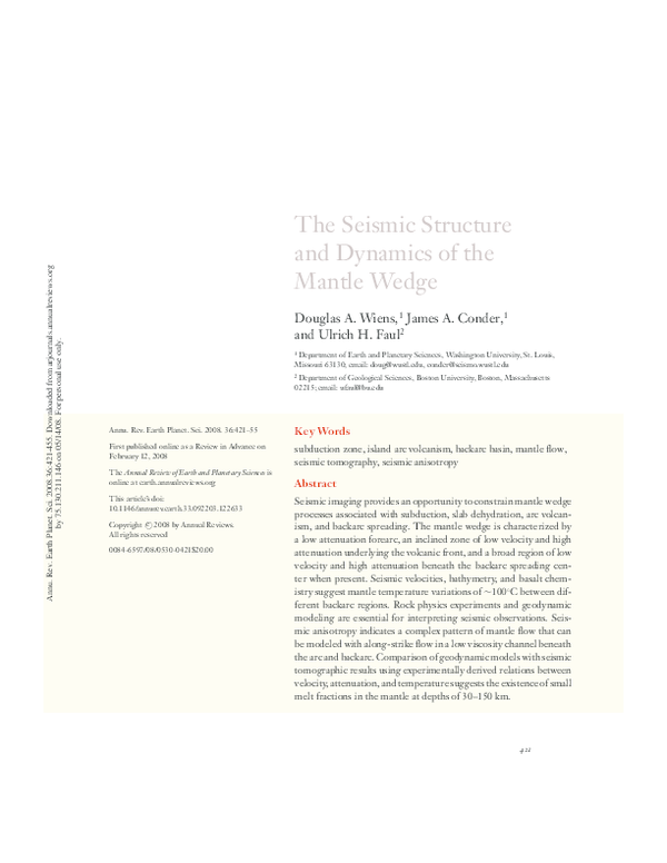 (PDF) The Seismic Structure and Dynamics of the Mantle Wedge
