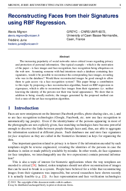 (PDF) Reconstructing faces from their signatures using RBF regression