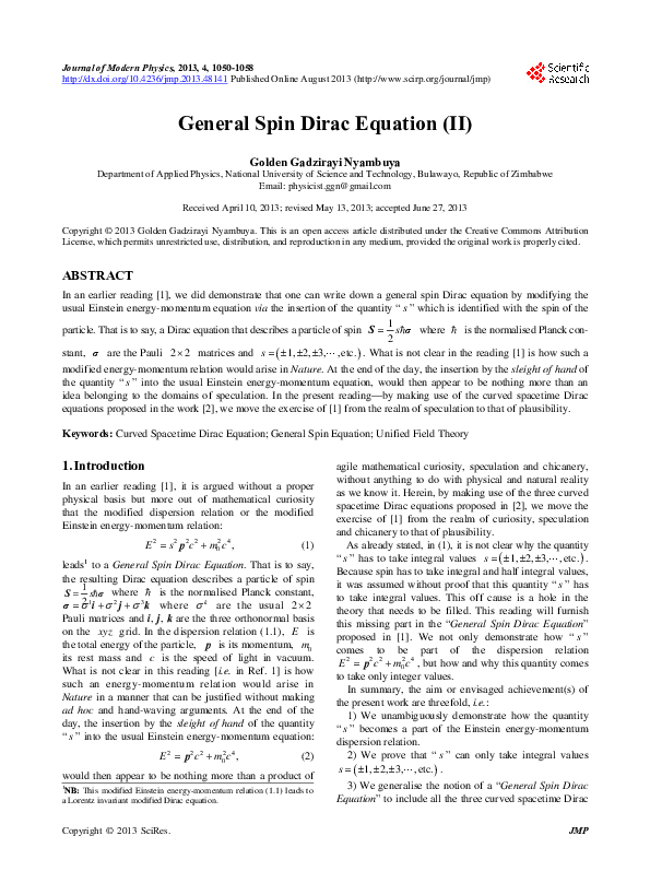 (PDF) General Spin Dirac Equation (II)